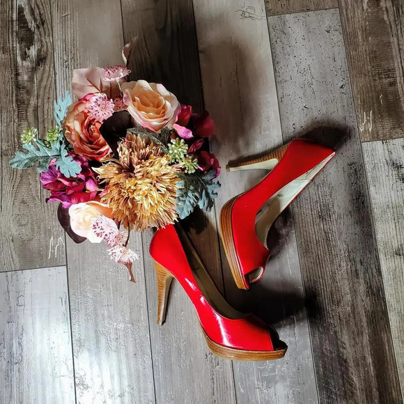 MOSSIMO PATENT LEATHER CHERRY RED OPEN TOE PUMPS HIGH HEELS SIZE 9.5 - Picture 2 of 12